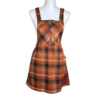 Honey & Sparkle Skirtall Size Large Orange Plaid Zip Front Pockets Elastic Waist